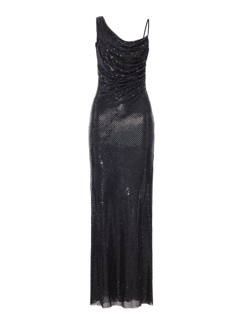 Self-Portrait Women Long Black Draped Dress With Rhinestone SELF-PORTRAIT