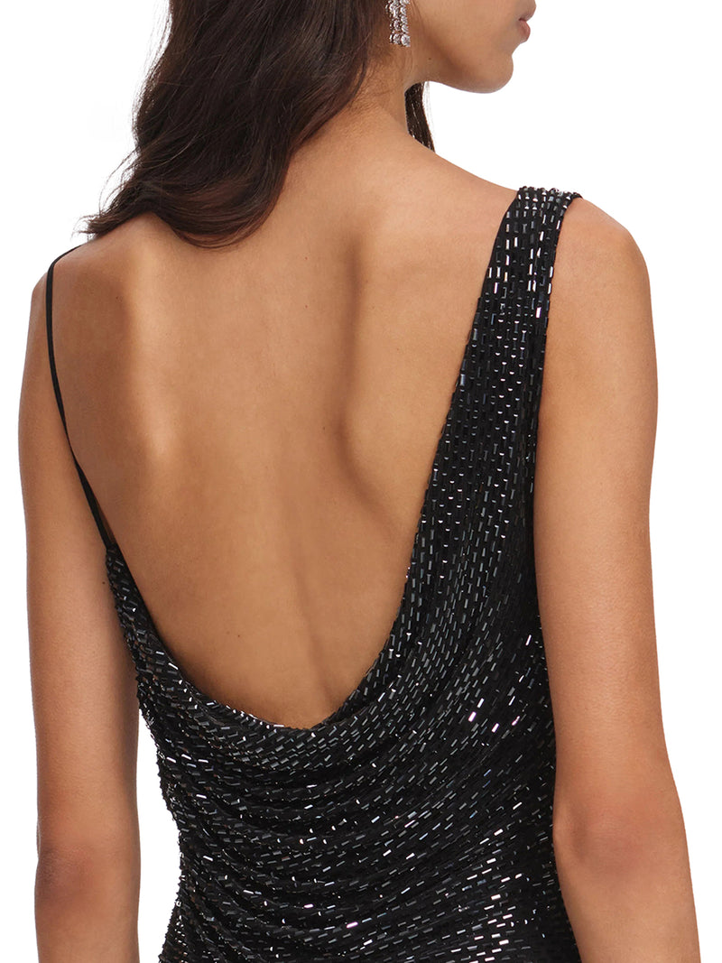 Self-Portrait Women Long Black Draped Dress With Rhinestone SELF-PORTRAIT