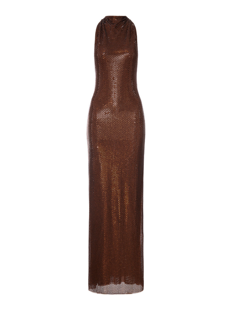 Self-Portrait Women Long Brown Dress With Rhinestone And Halter Neckline SELF-PORTRAIT
