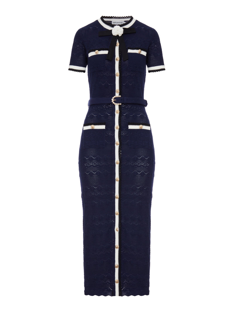 Self-Portrait Women Navy Blue Perforated Knit Midi Dress SELF-PORTRAIT