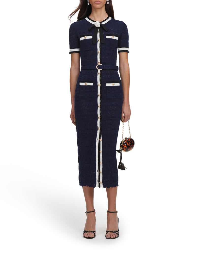 Self-Portrait Women Navy Blue Perforated Knit Midi Dress SELF-PORTRAIT