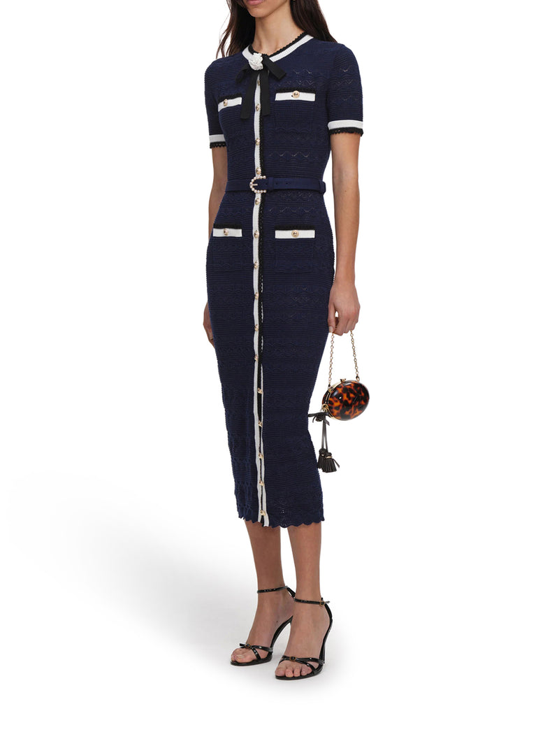Self-Portrait Women Navy Blue Perforated Knit Midi Dress SELF-PORTRAIT