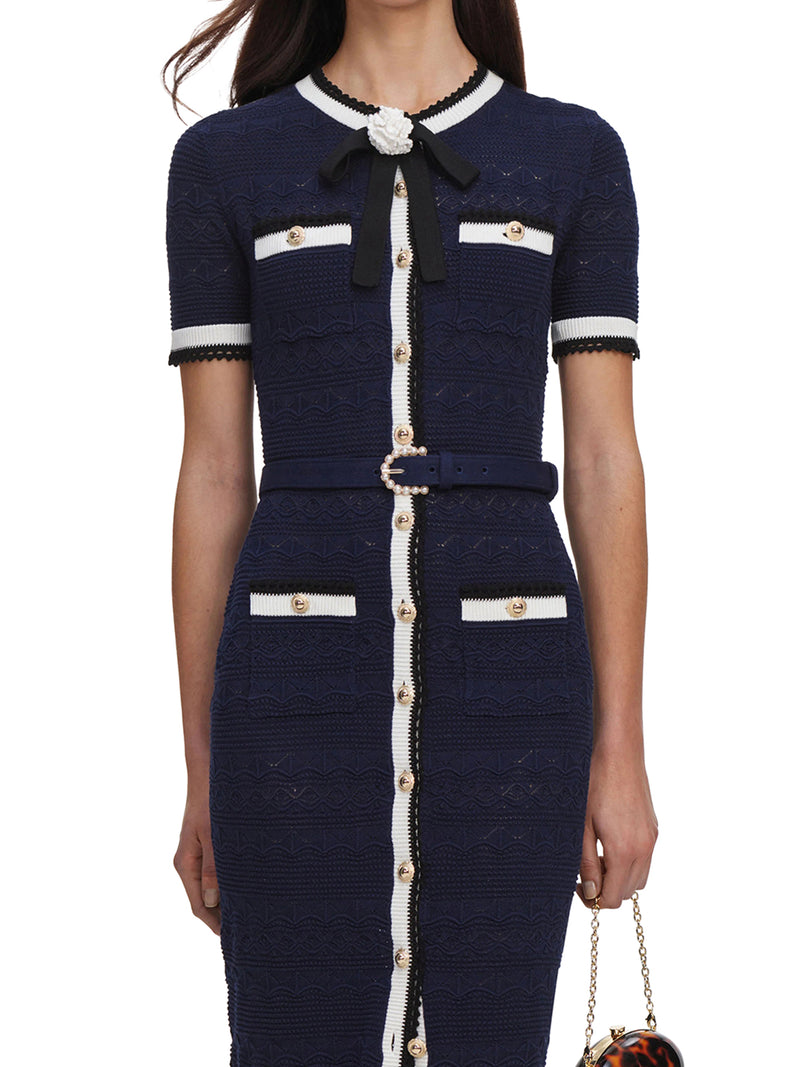 Self-Portrait Women Navy Blue Perforated Knit Midi Dress SELF-PORTRAIT