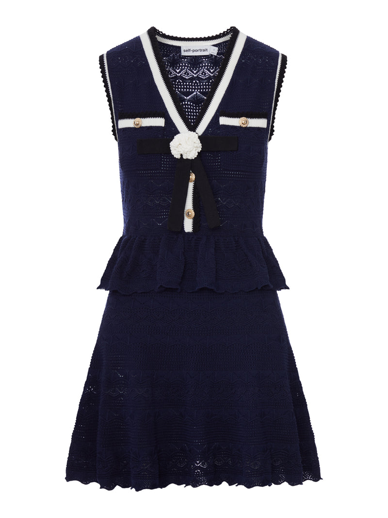 Self-Portrait Women Navy Blue Peplum Quilted Knit Mini Dress SELF-PORTRAIT