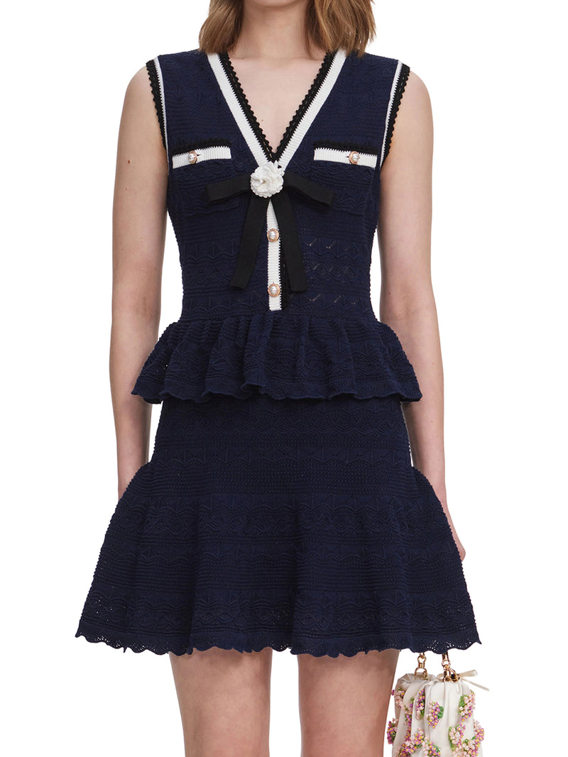 Self-Portrait Women Navy Blue Peplum Quilted Knit Mini Dress SELF-PORTRAIT