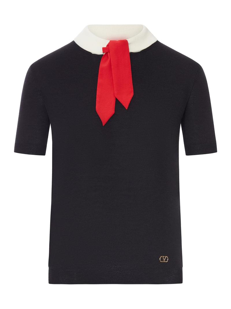 Valentino Garavani Women Wool Sweater With Contrast Collar And Bow VALENTINO GARAVANI