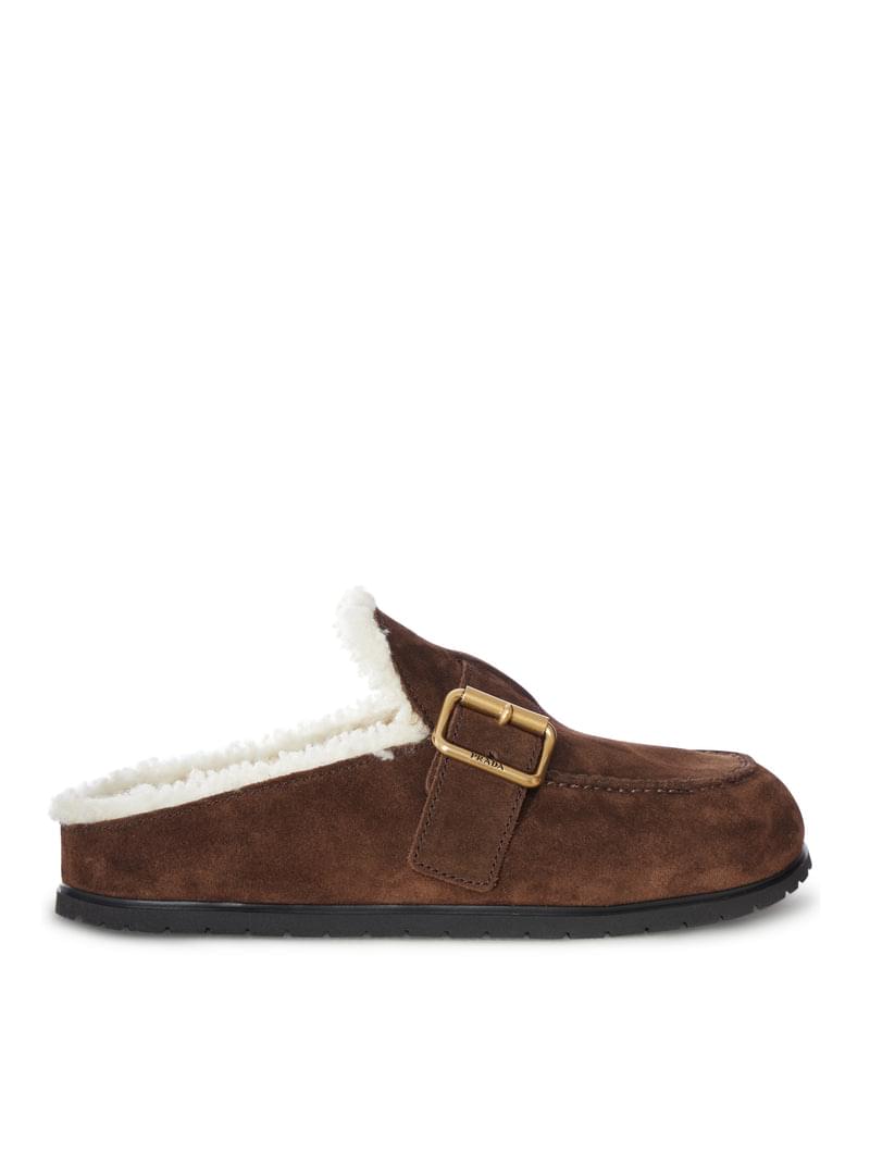 Prada Women Suede And Shearling Mule With Buckle PRADA