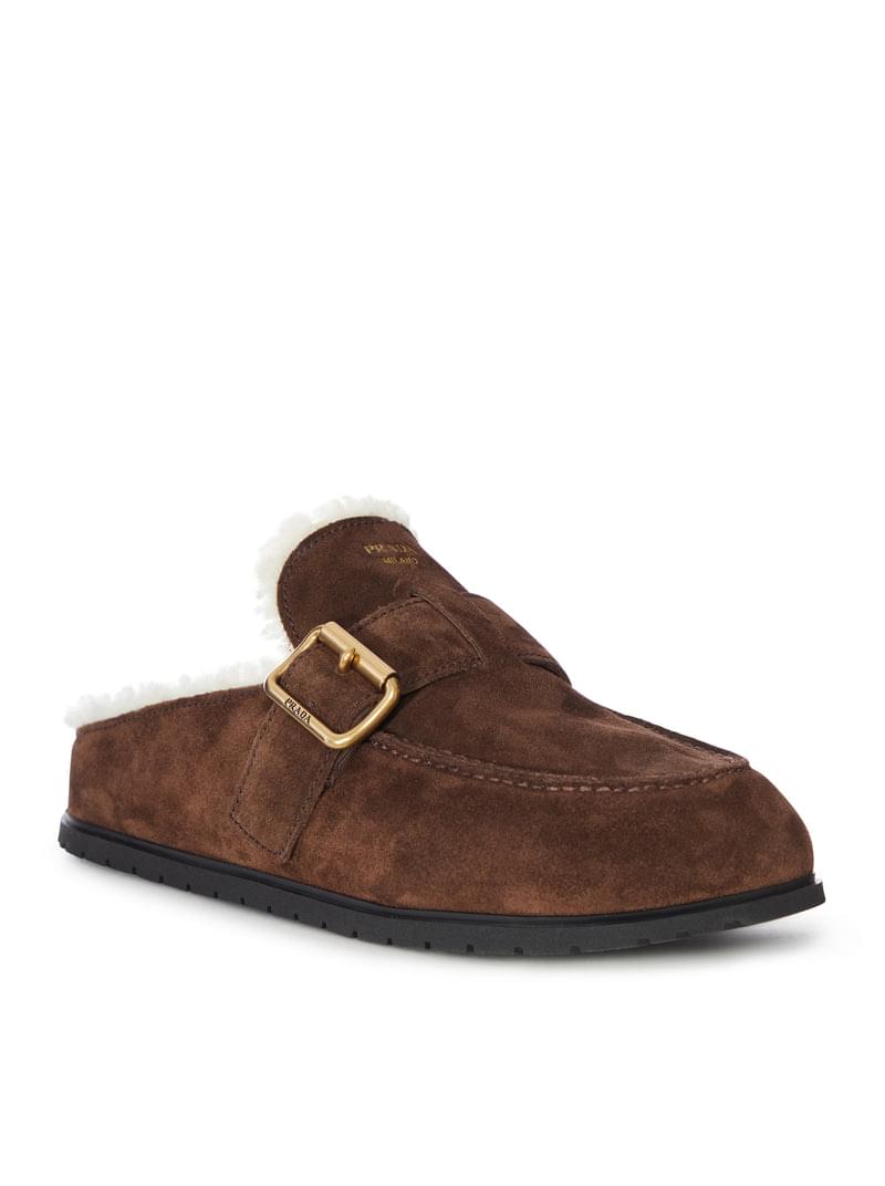 Prada Women Suede And Shearling Mule With Buckle PRADA