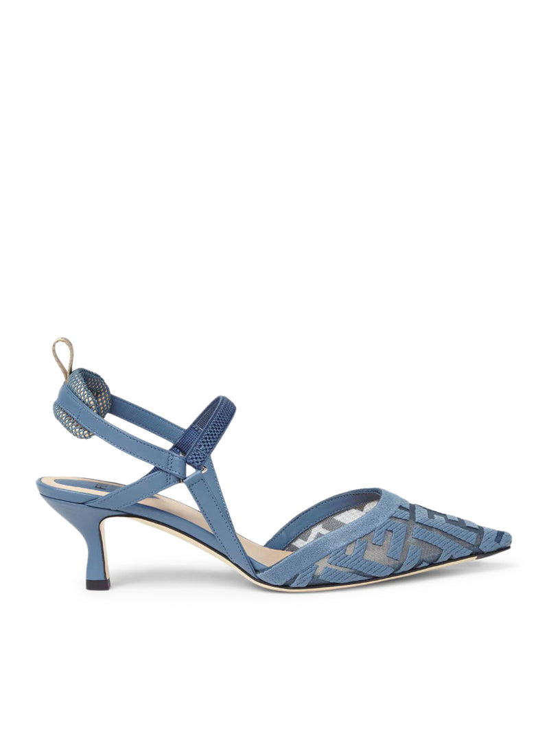 Fendi Women Colibrì Lite Slingback With Medium Heel In Mesh With Ff Embroidery In Blue FENDI