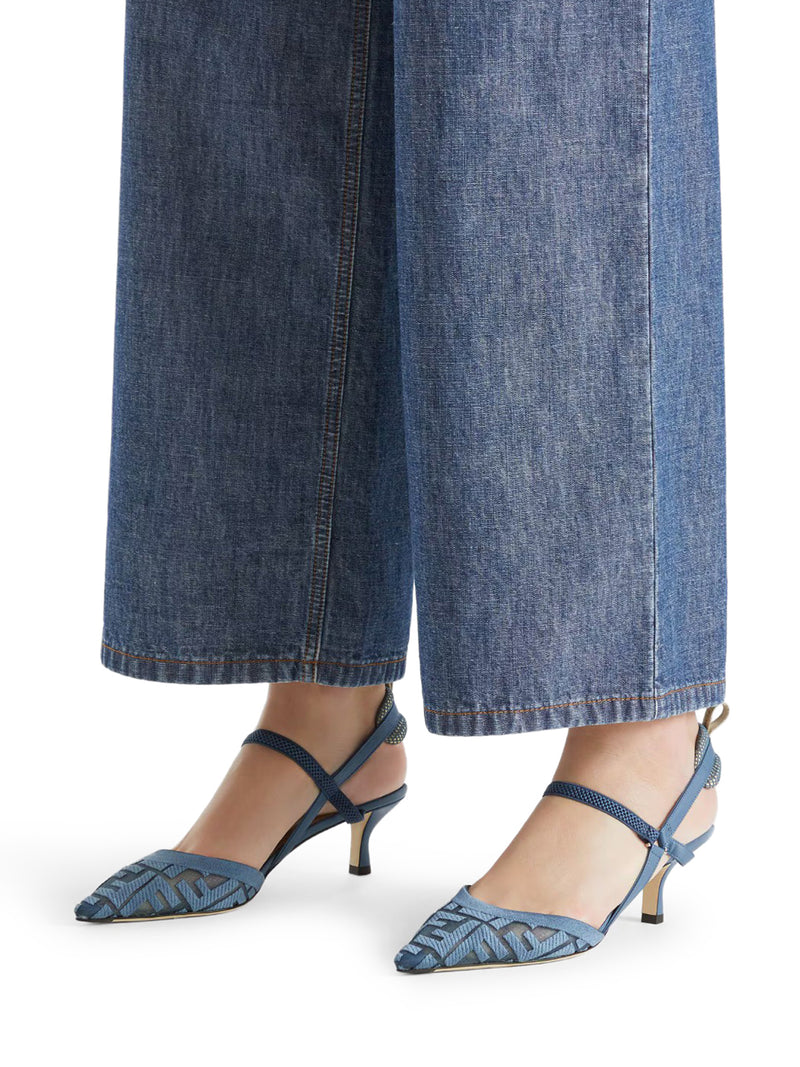 Fendi Women Colibrì Lite Slingback With Medium Heel In Mesh With Ff Embroidery In Blue FENDI