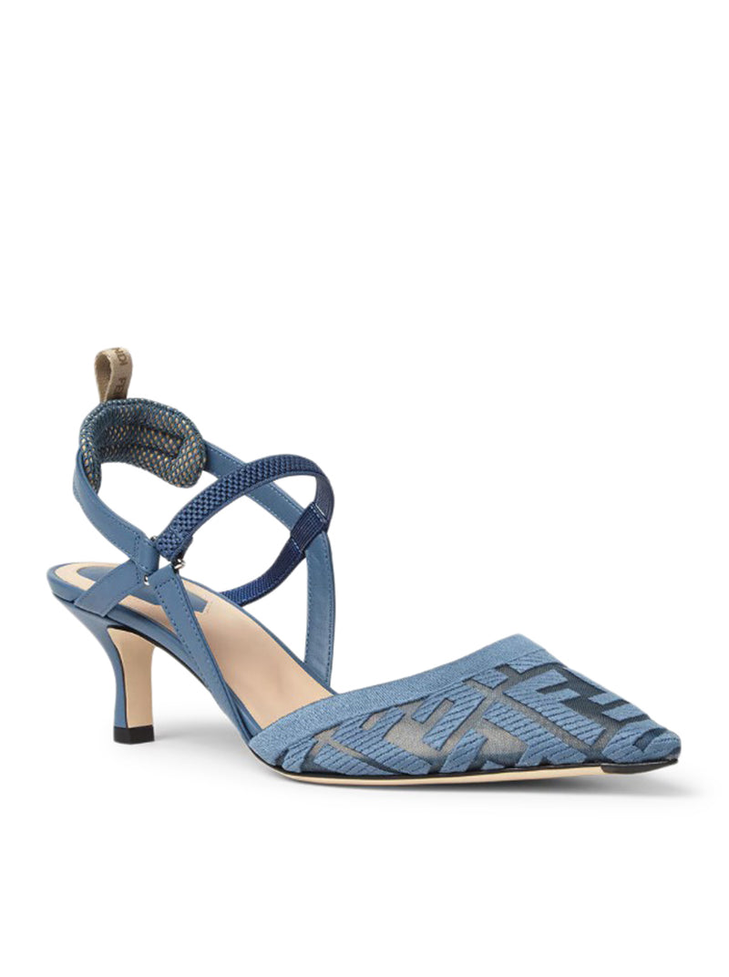 Fendi Women Colibrì Lite Slingback With Medium Heel In Mesh With Ff Embroidery In Blue FENDI
