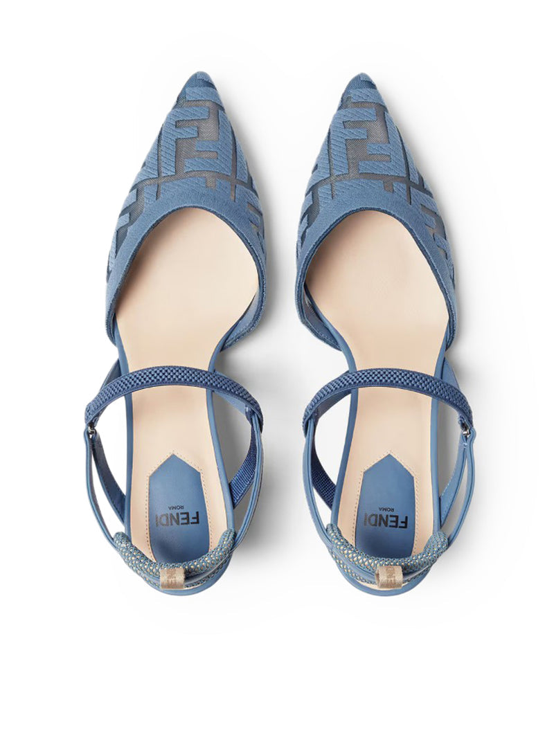 Fendi Women Colibrì Lite Slingback With Medium Heel In Mesh With Ff Embroidery In Blue FENDI