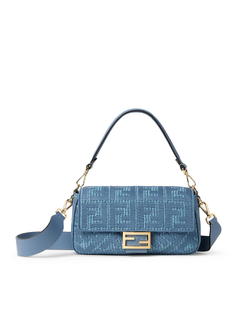 Fendi Women Baguette Bag In Woven Raffia With Blue Ff Embroidery FENDI