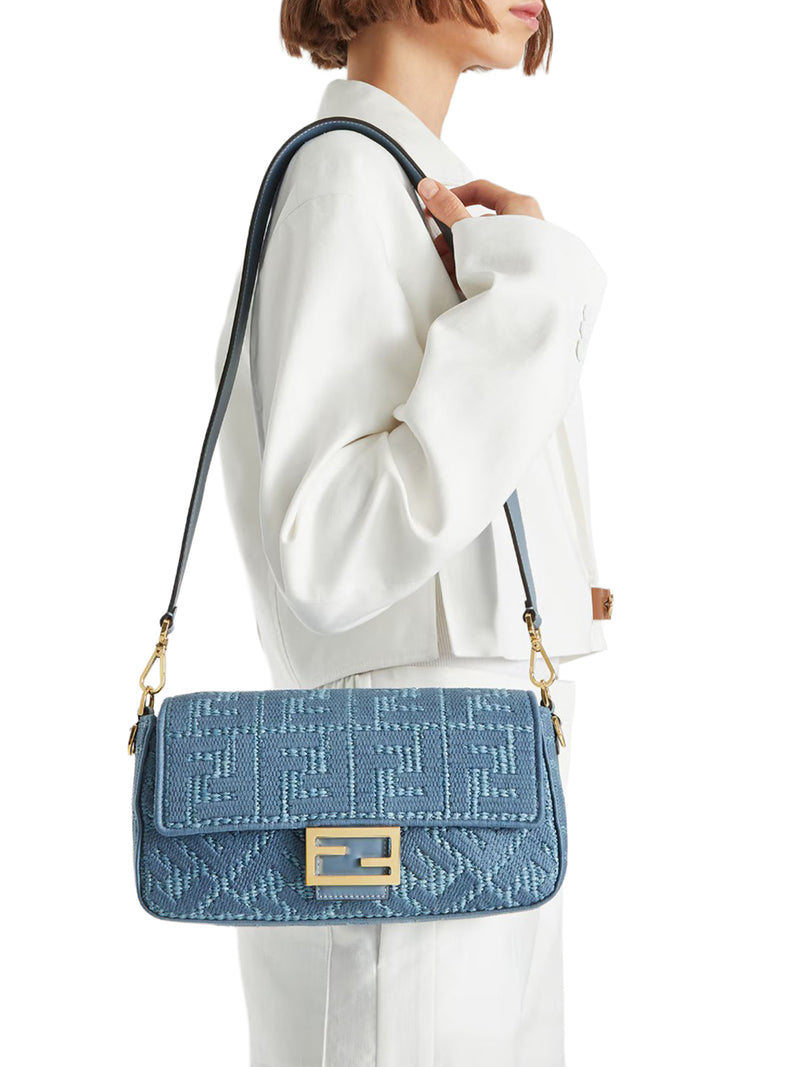 Fendi Women Baguette Bag In Woven Raffia With Blue Ff Embroidery FENDI