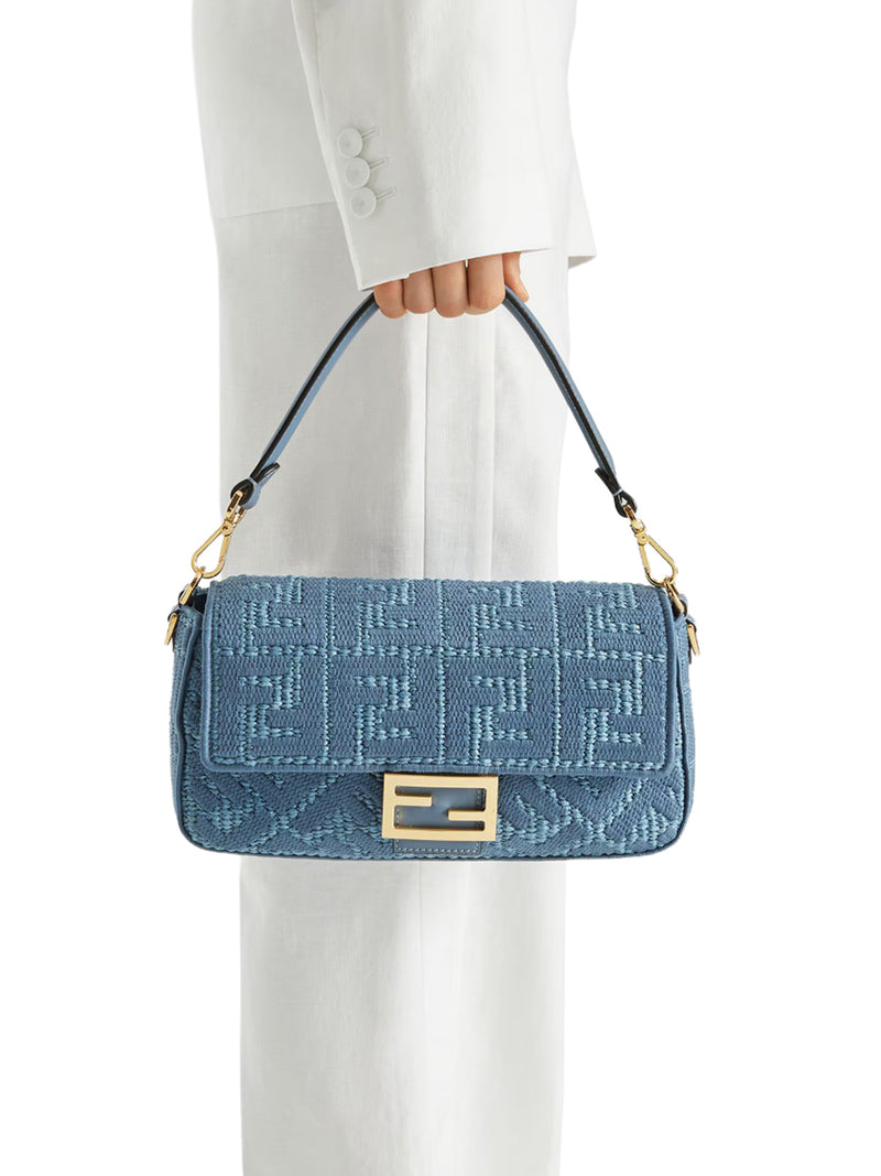 Fendi Women Baguette Bag In Woven Raffia With Blue Ff Embroidery FENDI