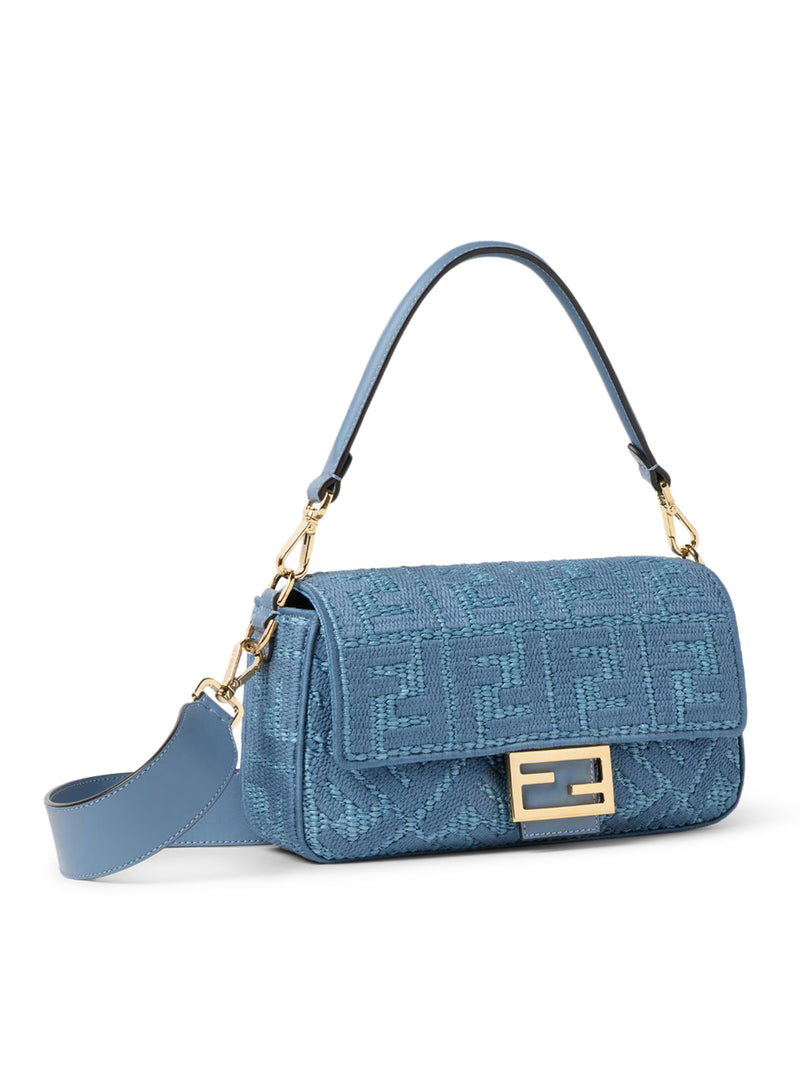 Fendi Women Baguette Bag In Woven Raffia With Blue Ff Embroidery FENDI