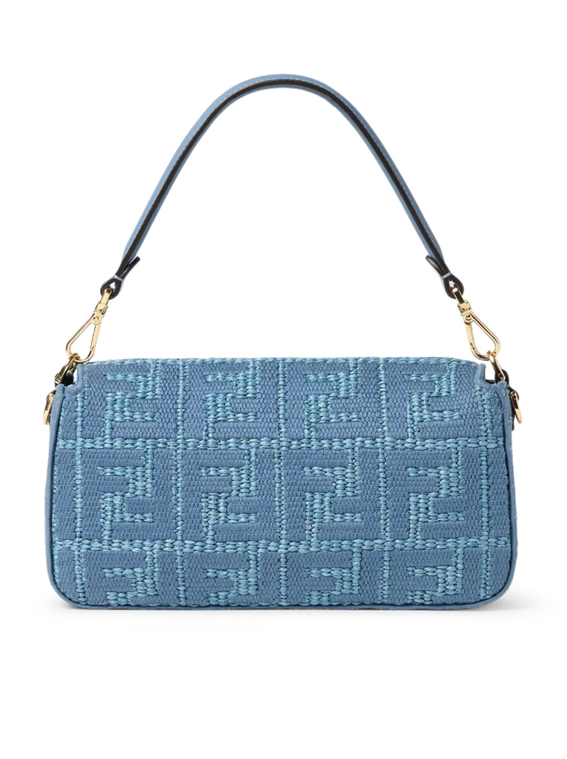 Fendi Women Baguette Bag In Woven Raffia With Blue Ff Embroidery FENDI