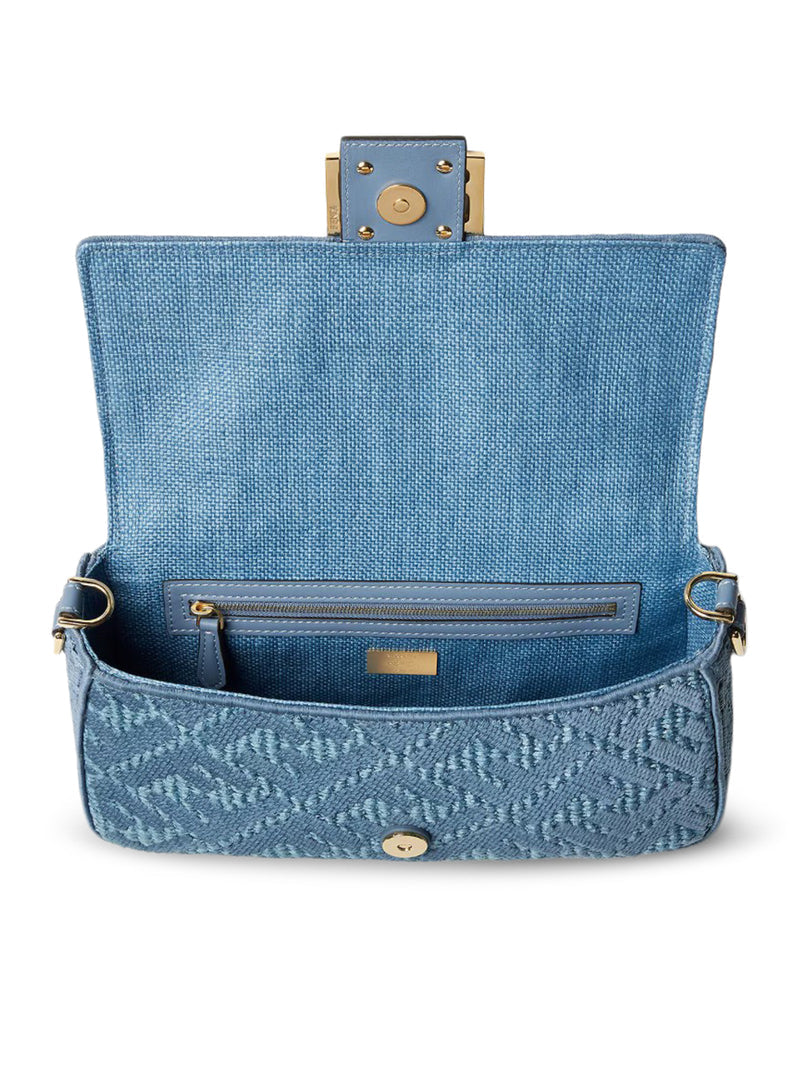 Fendi Women Baguette Bag In Woven Raffia With Blue Ff Embroidery FENDI