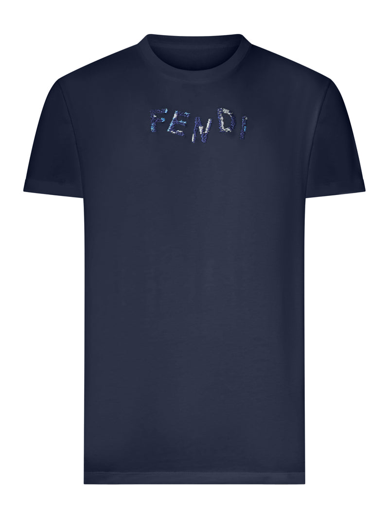 Fendi Men Blue Cotton T-Shirt With Front Logo FENDI