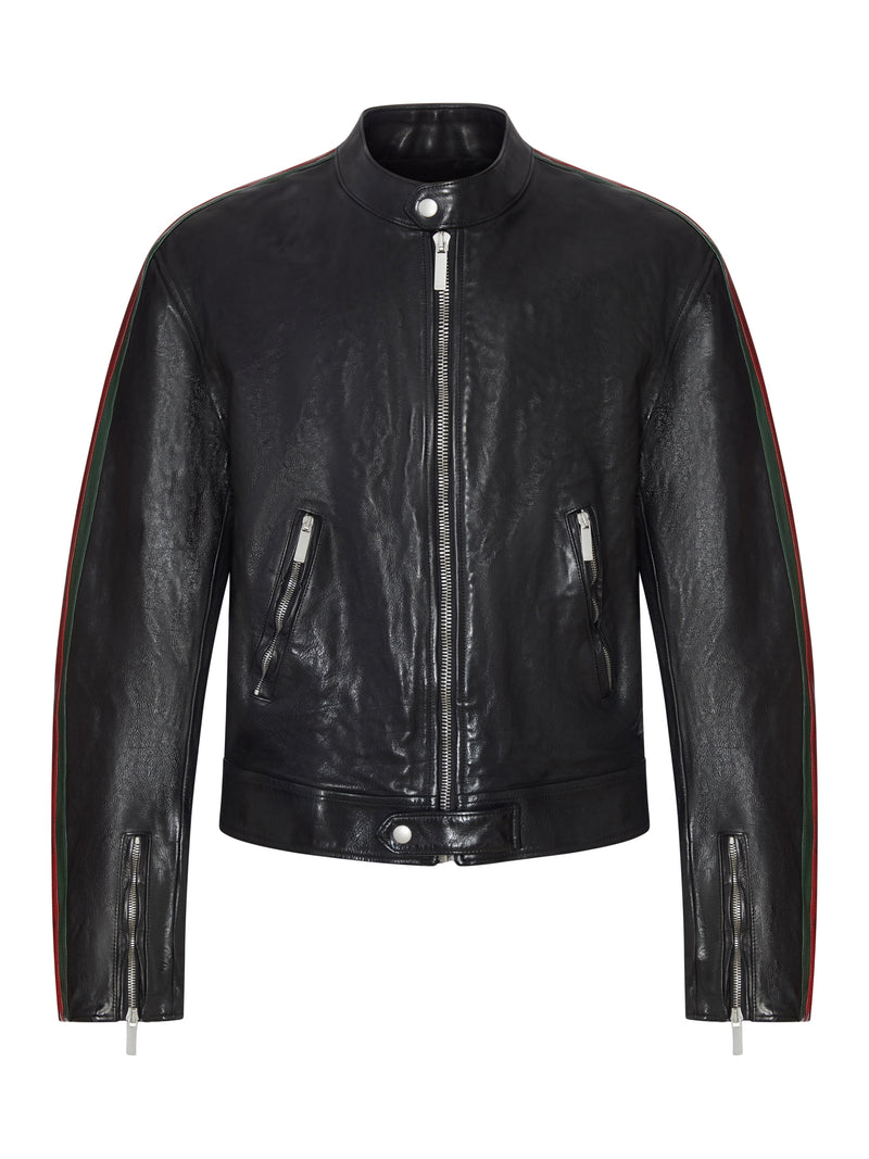 Gucci Men Buffalo Leather Bomber Jacket With Webbing GUCCI