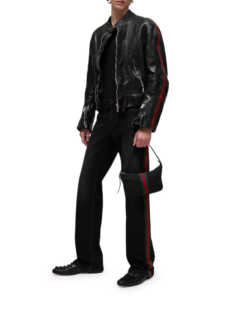 Gucci Men Buffalo Leather Bomber Jacket With Webbing GUCCI