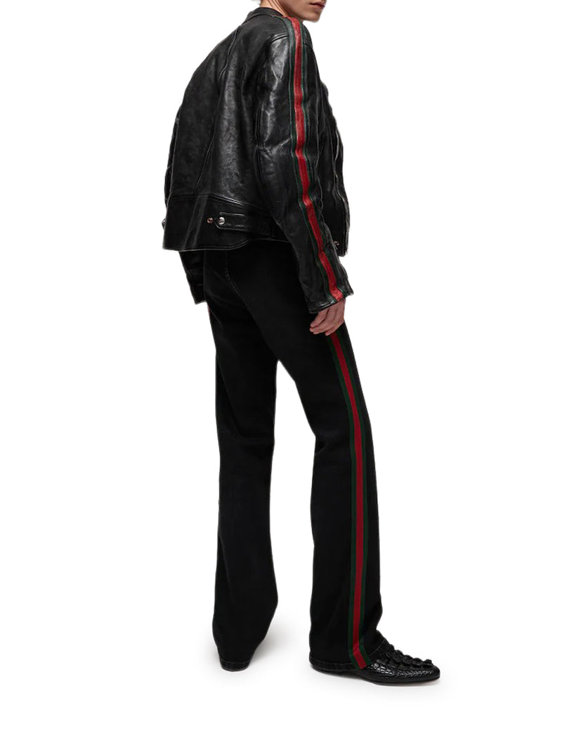 Gucci Men Buffalo Leather Bomber Jacket With Webbing GUCCI
