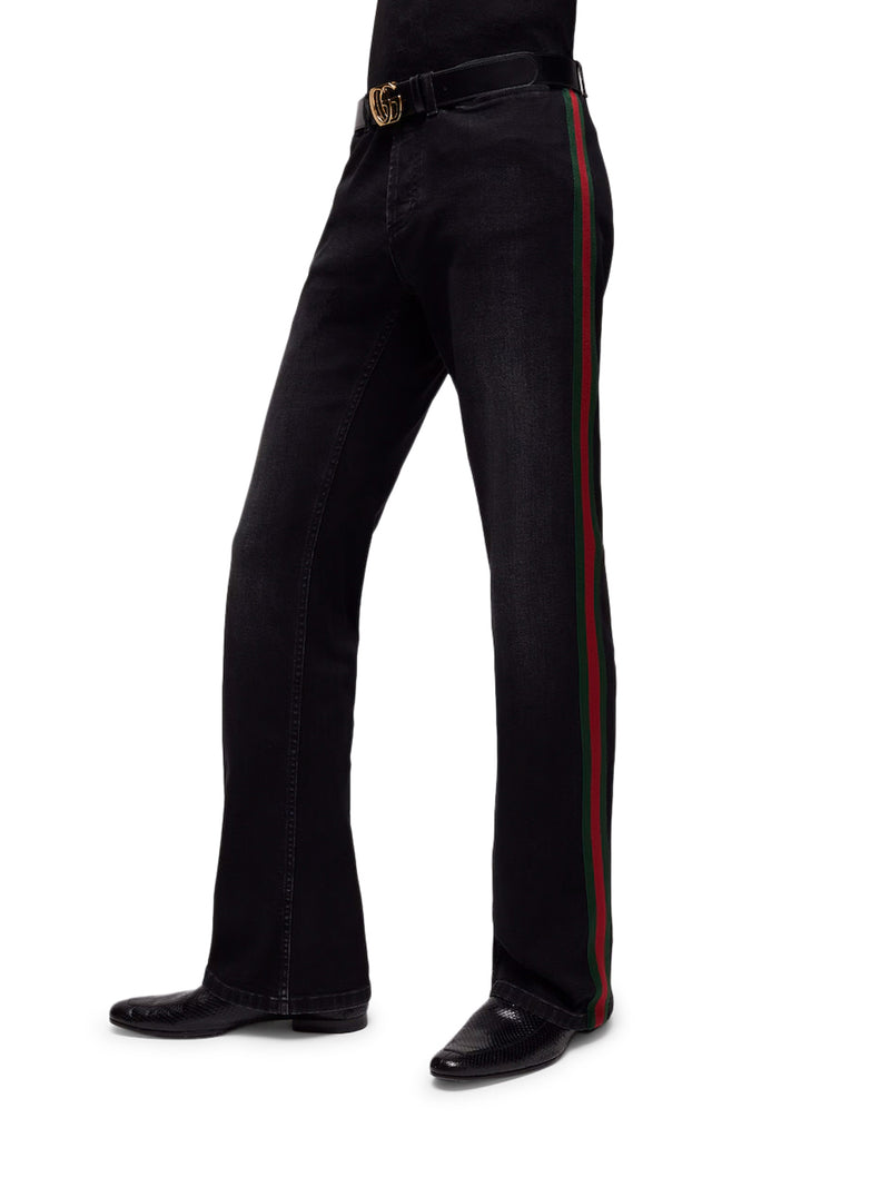 Gucci Men Cotton Denim Trousers With Web Ribbon GUCCI