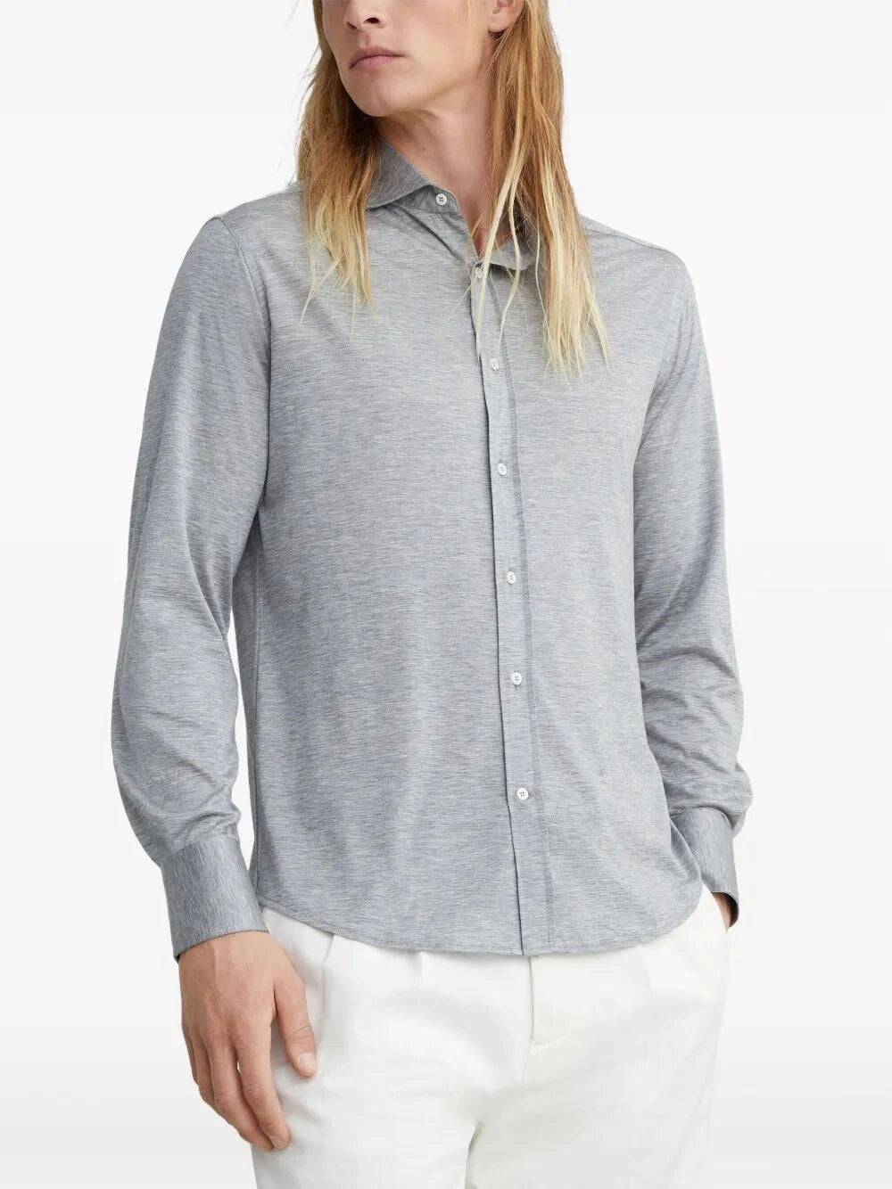 Brunello Cucinelli Men Silk And Cotton Jersey Shirt With Spread Collar BRUNELLO CUCINELLI