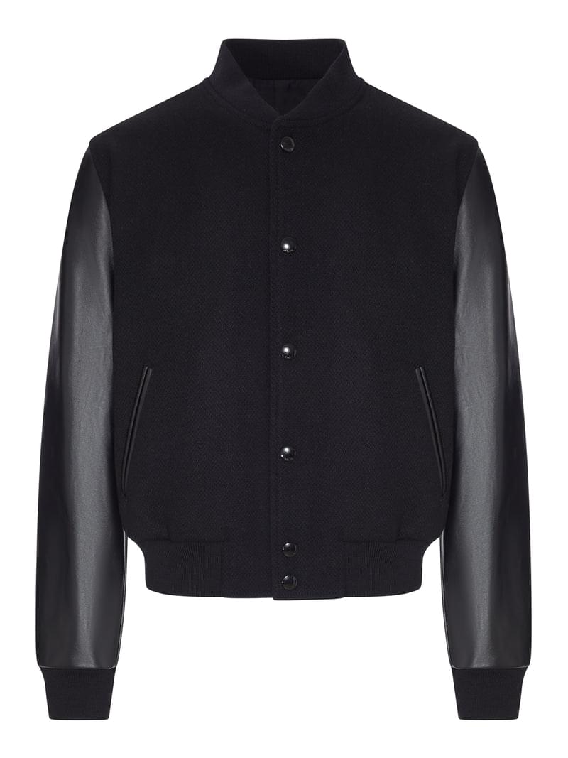 Celine Men Varsity Cloth Bomber Jacket With Leather Sleeves CELINE