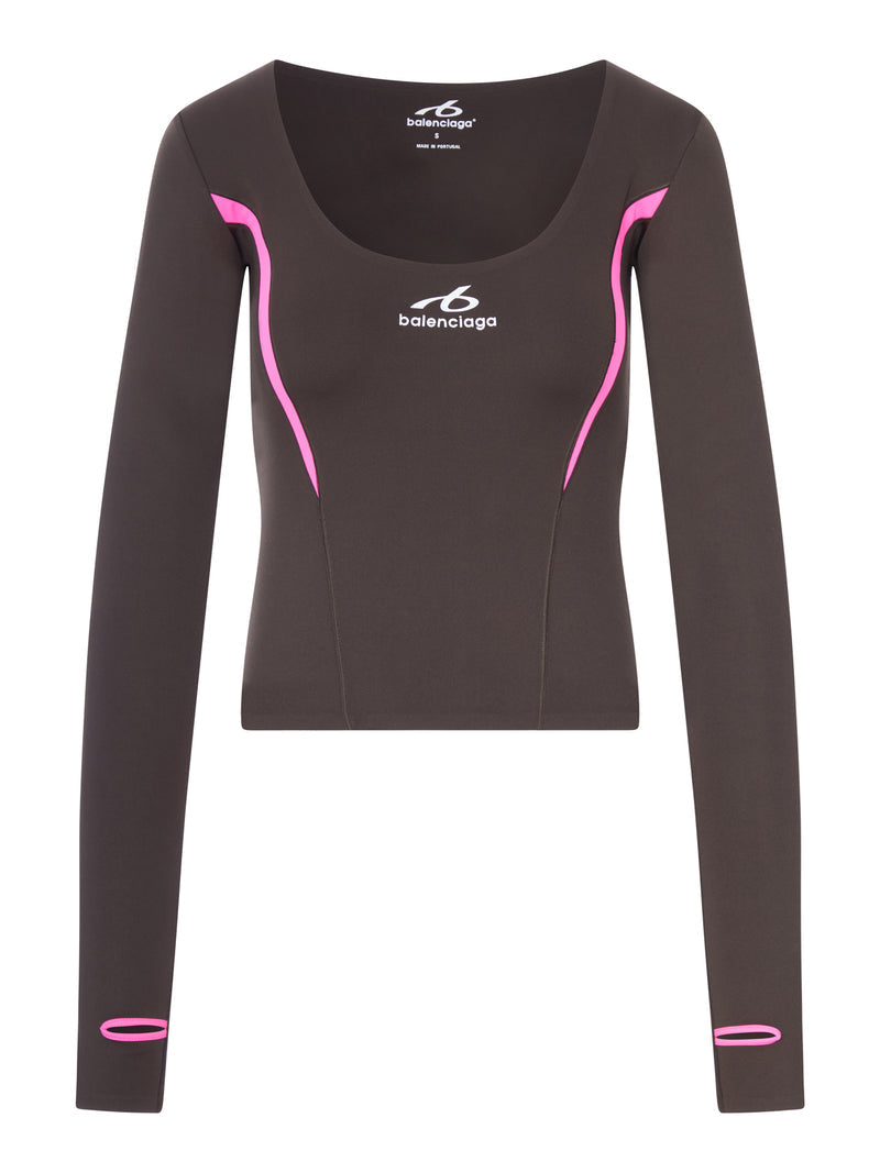 Balenciaga Women Techwear Long-Sleeved Top In Technical Fabric In Khaki Brown And Fluorescent Pink BALENCIAGA