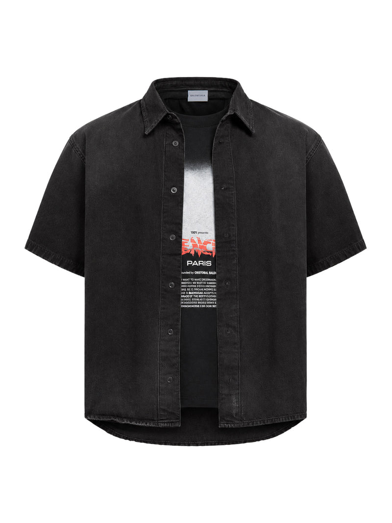 Balenciaga Men "The Door" Short-Sleeve Hybrid Shirt In Black Denim BALENCIAGA