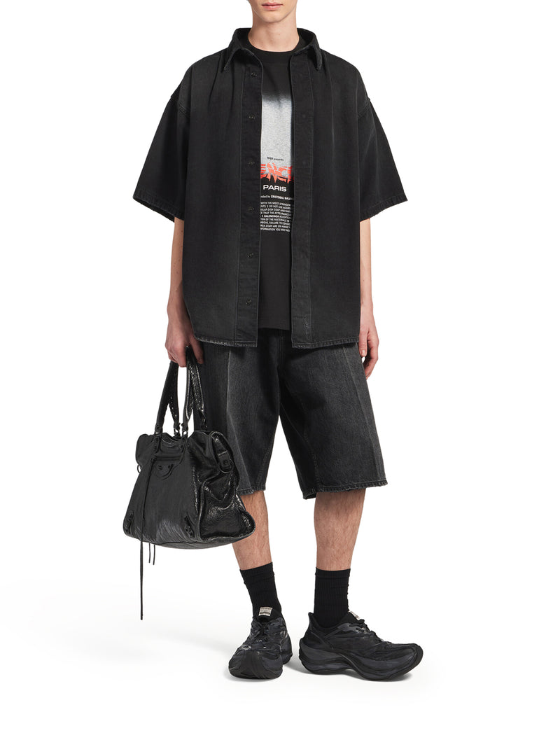 Balenciaga Men "The Door" Short-Sleeve Hybrid Shirt In Black Denim BALENCIAGA