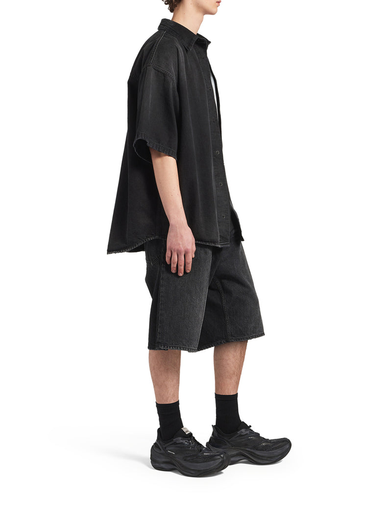 Balenciaga Men "The Door" Short-Sleeve Hybrid Shirt In Black Denim BALENCIAGA