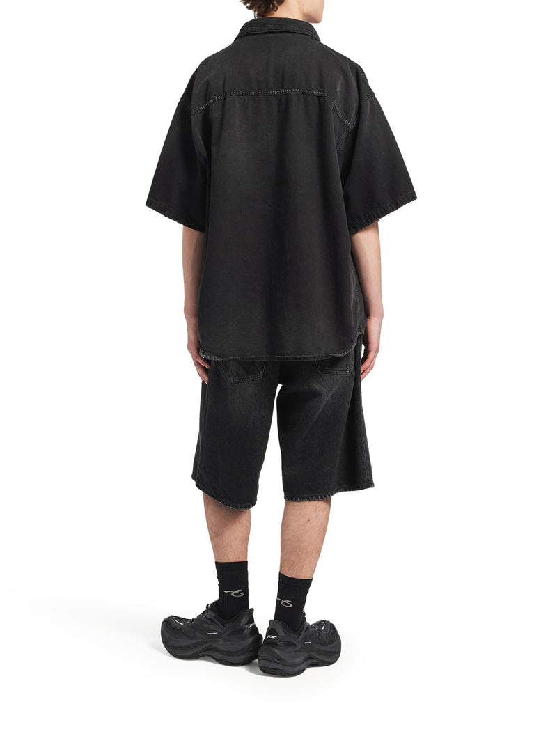 Balenciaga Men "The Door" Short-Sleeve Hybrid Shirt In Black Denim BALENCIAGA