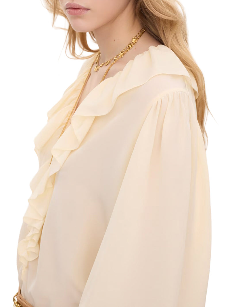 Chloe` Women V-Neck Ruffle Top In Crêpe De Chine