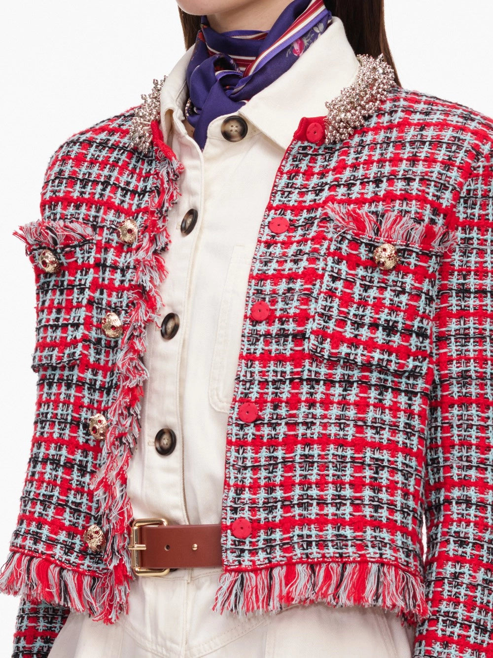Self-Portrait Women Check Frayed Knit Jacket SELF-PORTRAIT