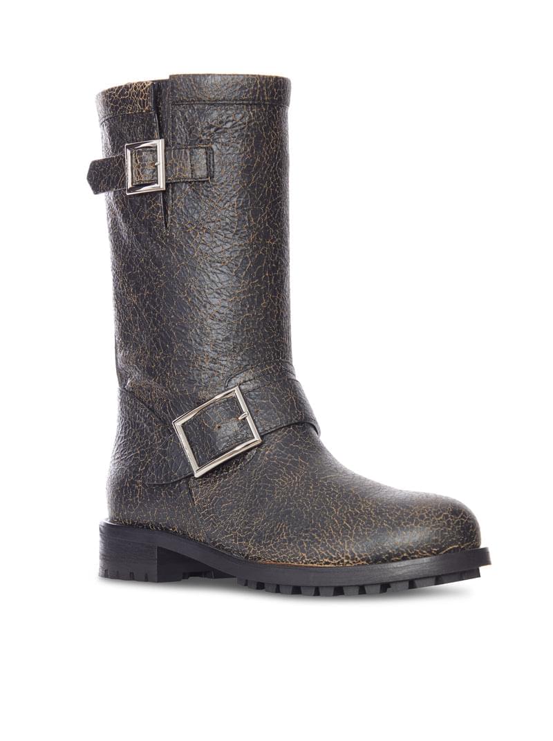 Jimmy Choo Women Crackled Leather Biker Boots With Buckles JIMMY CHOO