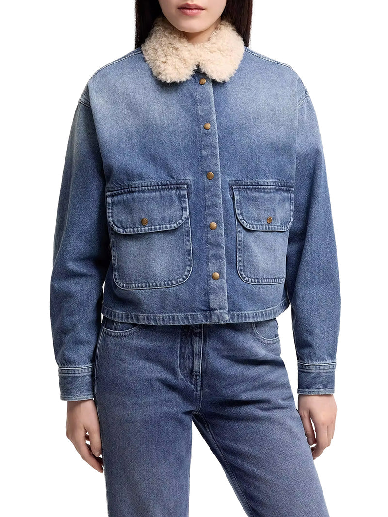 Moncler Women Denim Shirt With Teddy Trim MONCLER