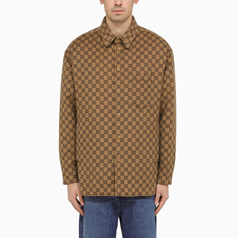 Gucci Camel Wool Shirt With Gg Pattern Men