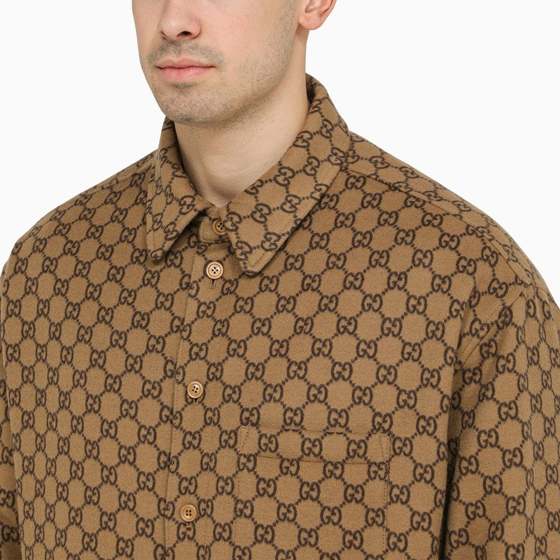 Gucci Camel Wool Shirt With Gg Pattern Men