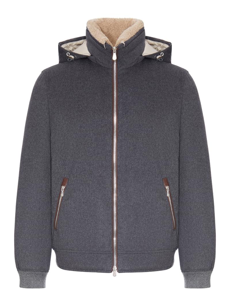 Brunello Cucinelli Men Hooded Bomber Jacket In Wool And Shearling BRUNELLO CUCINELLI
