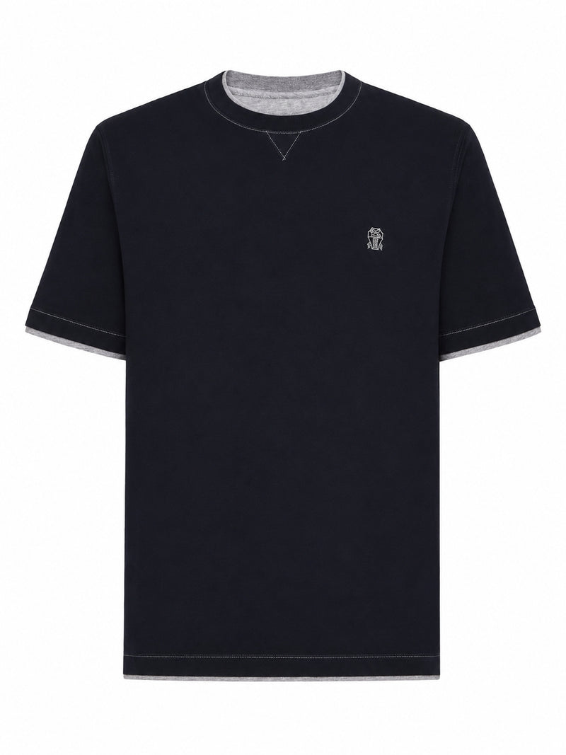 Brunello Cucinelli Men Cotton T-Shirt With Front Logo And Contrasting Trim BRUNELLO CUCINELLI