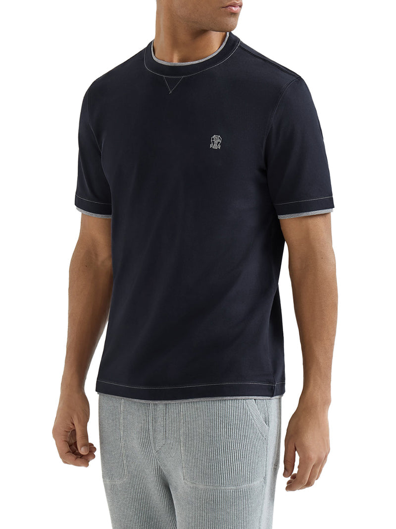 Brunello Cucinelli Men Cotton T-Shirt With Front Logo And Contrasting Trim BRUNELLO CUCINELLI