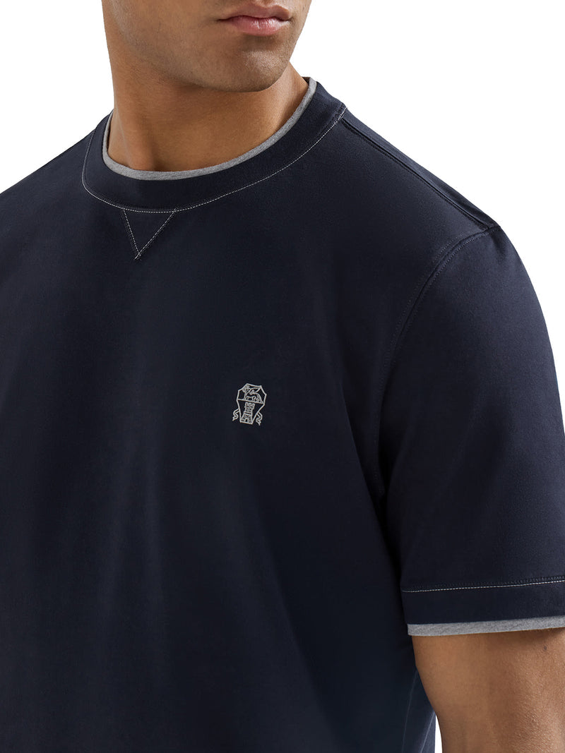 Brunello Cucinelli Men Cotton T-Shirt With Front Logo And Contrasting Trim BRUNELLO CUCINELLI