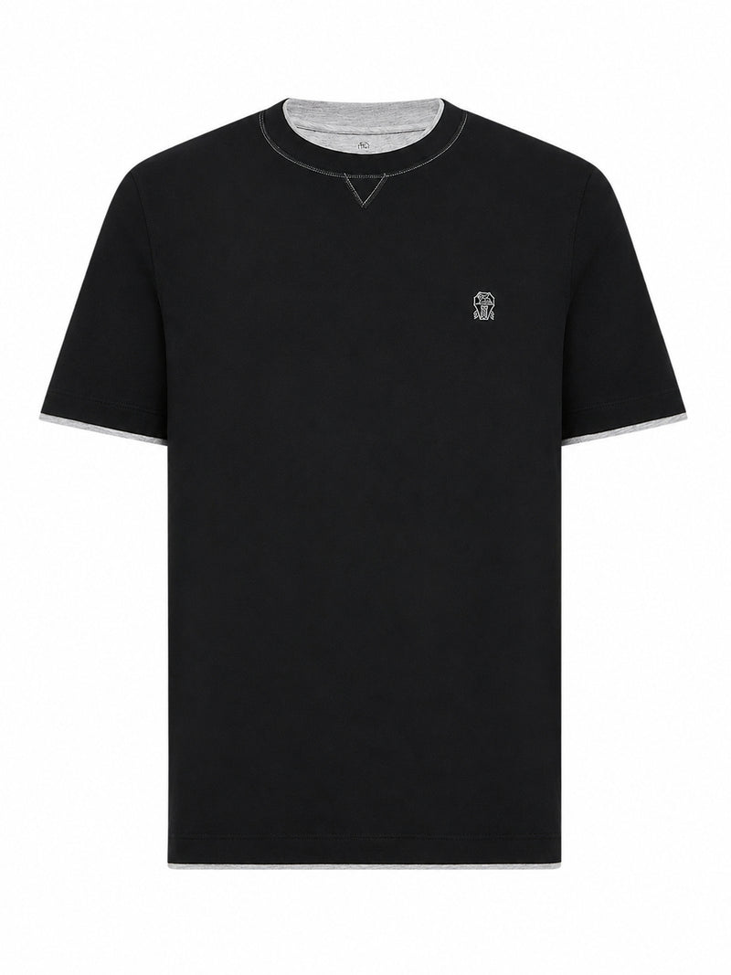Brunello Cucinelli Men Cotton T-Shirt With Front Logo And Contrasting Trim BRUNELLO CUCINELLI