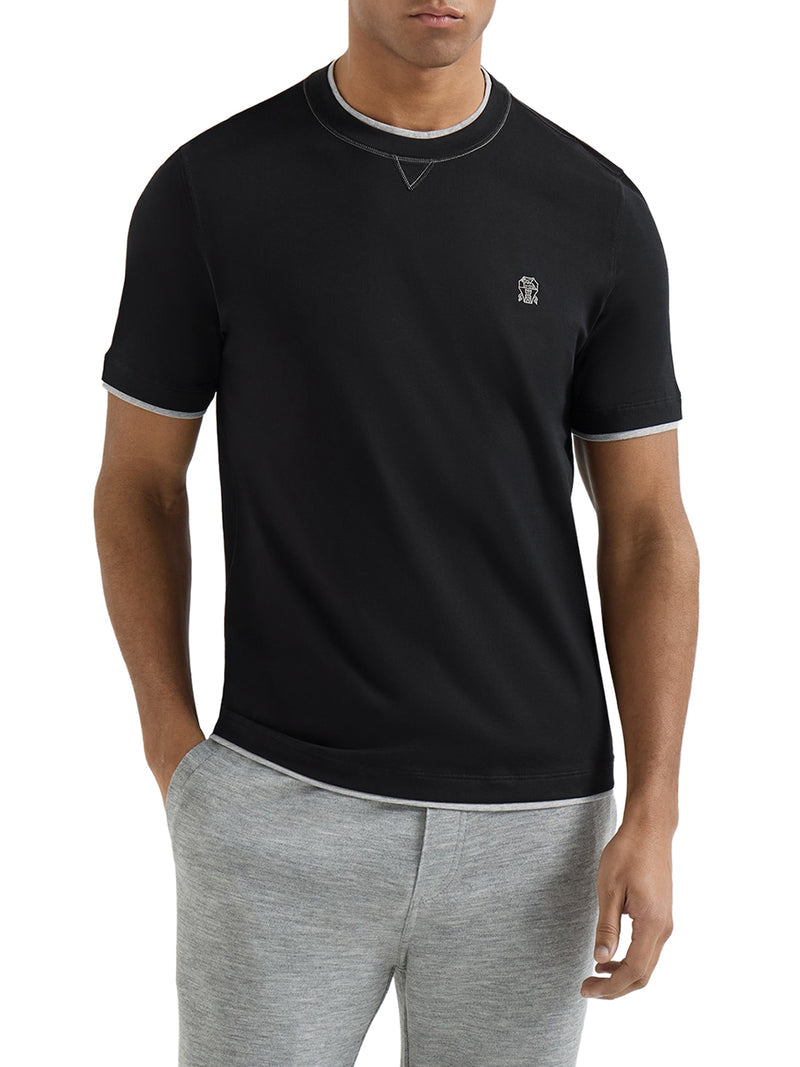 Brunello Cucinelli Men Cotton T-Shirt With Front Logo And Contrasting Trim BRUNELLO CUCINELLI