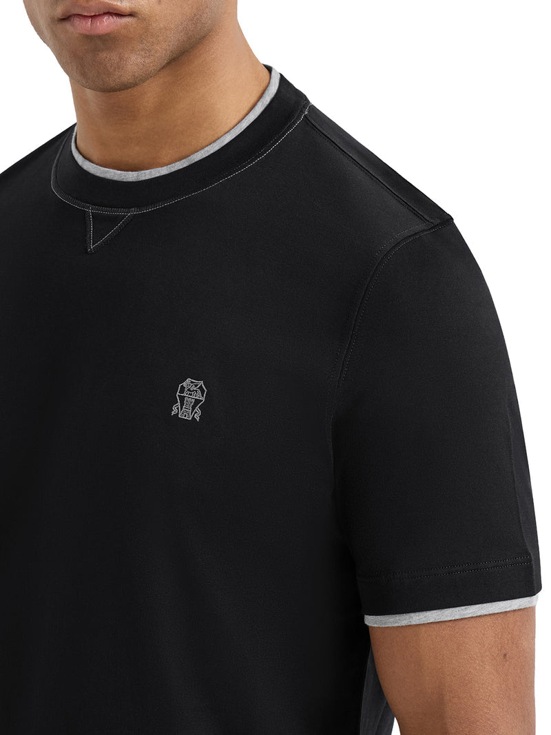 Brunello Cucinelli Men Cotton T-Shirt With Front Logo And Contrasting Trim BRUNELLO CUCINELLI