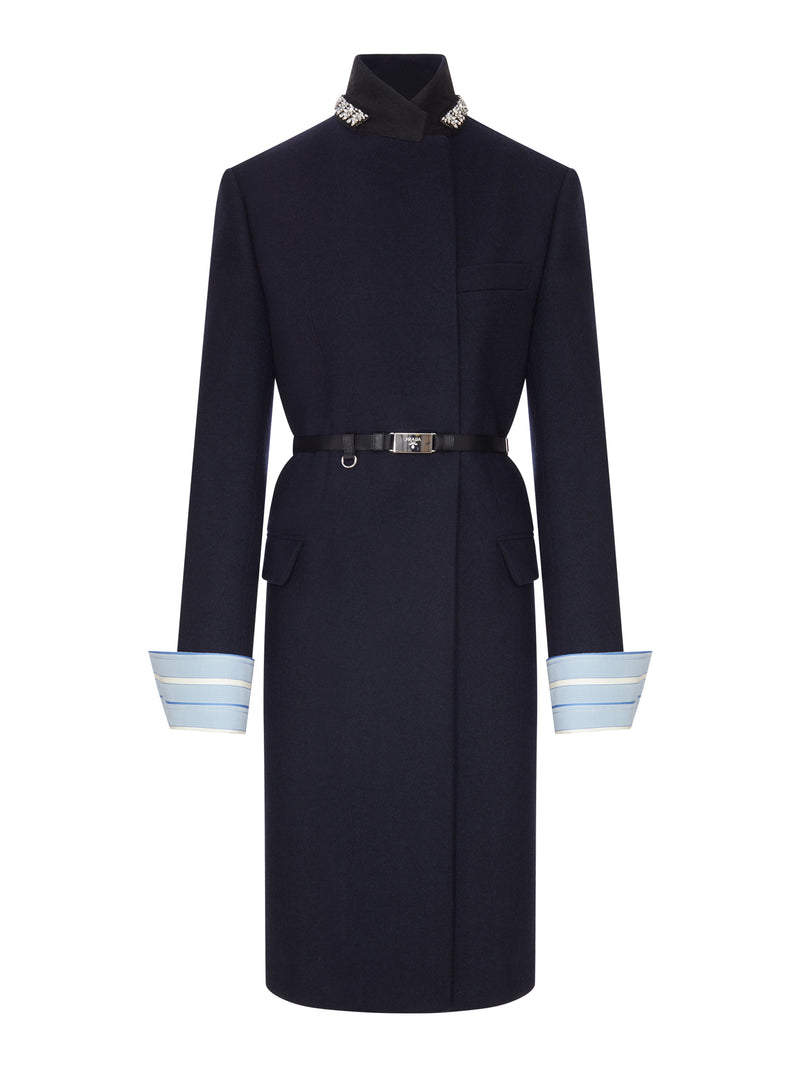 Prada Women Long Wool Coat With Belt And Jewel Collar PRADA
