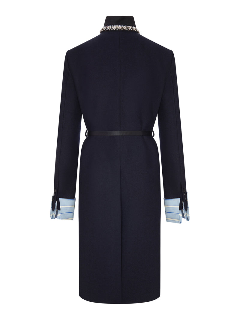 Prada Women Long Wool Coat With Belt And Jewel Collar PRADA