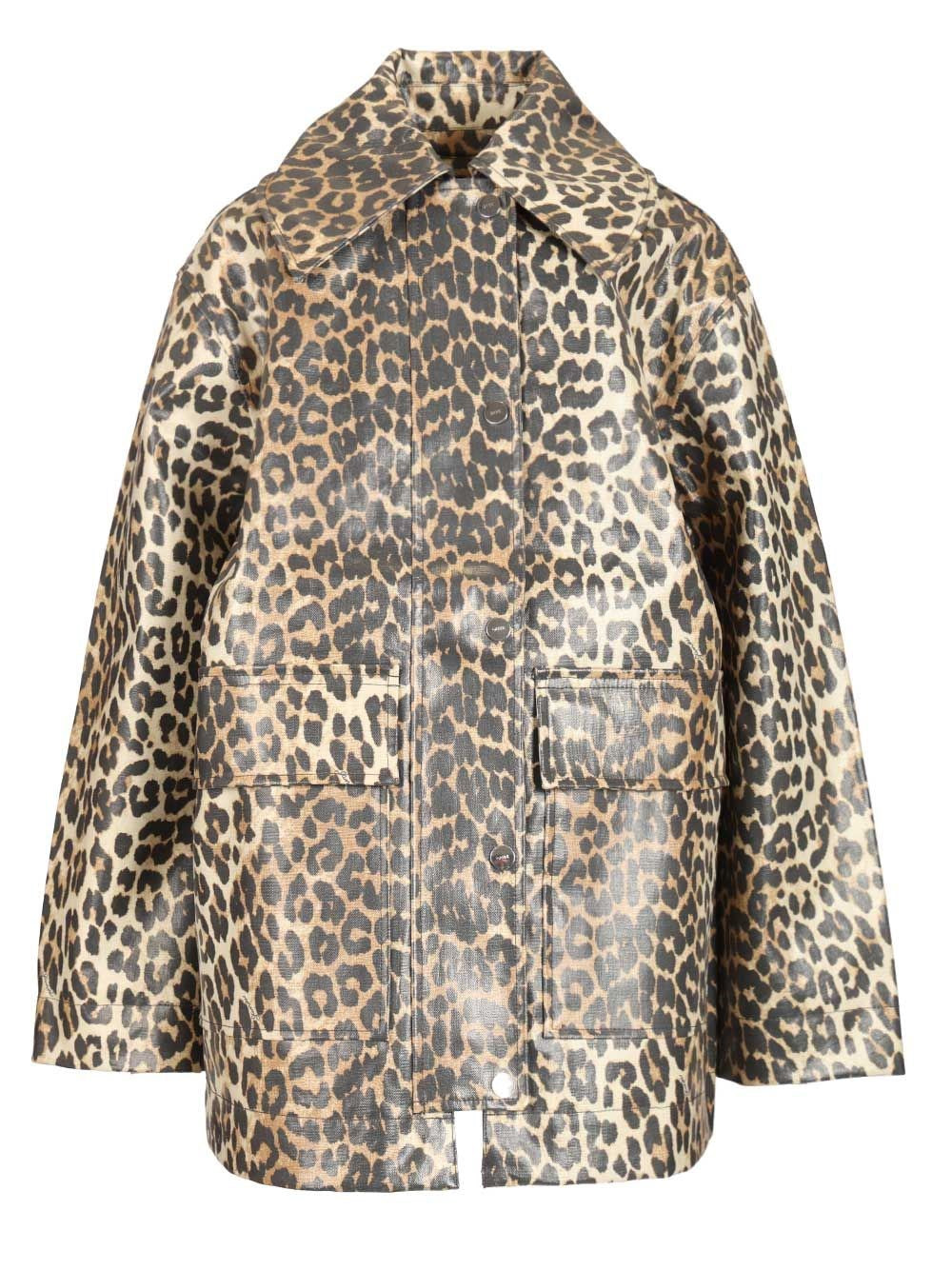 Ganni Women Leopard Laminated Cotton Jacket GANNI